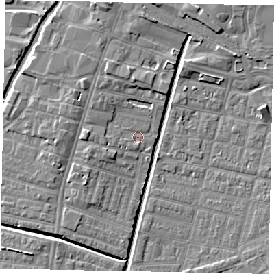 Shaded relief map of the ground around LN58EF, computed from Environment Agency LiDAR. The ground here sits at about 5 m above sea level and falls 6 m across the surrounding 800 m. Surface water reaching this point runs off ground lying to the west-south-west, 1.5 m higher.