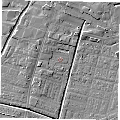 Shaded relief map of the ground around LN58EG, computed from Environment Agency LiDAR. The ground here sits at about 5 m above sea level and falls 7 m across the surrounding 800 m. Surface water reaching this point runs off ground lying to the west, 3.0 m higher.