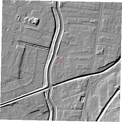 Shaded relief map of the ground around LN58EJ, computed from Environment Agency LiDAR. The ground here sits at about 5 m above sea level and falls 13 m across the surrounding 800 m. Surface water reaching this point runs off ground lying to the east-south-east, 2.2 m higher.
