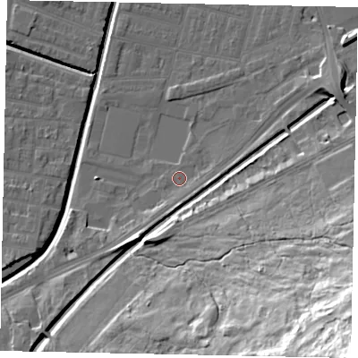 Shaded relief map of the ground around LN58EL, computed from Environment Agency LiDAR. The ground here sits at about 6 m above sea level and falls 54 m across the surrounding 800 m. Surface water reaching this point runs off ground lying to the south-south-west, 1.4 m higher.