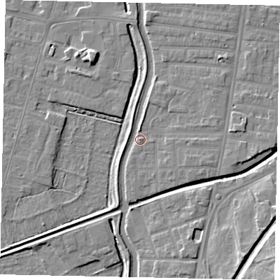 Shaded relief map of the ground around LN58EQ, computed from Environment Agency LiDAR. The ground here sits at about 6 m above sea level and falls 12 m across the surrounding 800 m. Surface water reaching this point runs off ground lying to the east-south-east, 3.1 m higher.