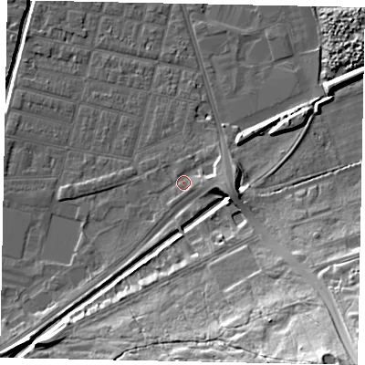 Shaded relief map of the ground around LN58EU, computed from Environment Agency LiDAR. The ground here sits at about 6 m above sea level and falls 30 m across the surrounding 800 m. Surface water reaching this point runs off ground lying to the east, 4.9 m higher.