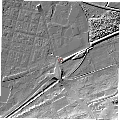 Shaded relief map of the ground around LN58EX, computed from Environment Agency LiDAR. The ground here sits at about 6 m above sea level and falls 24 m across the surrounding 800 m. Surface water reaching this point runs off ground lying to the south, 5.5 m higher.