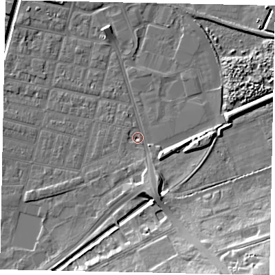 Shaded relief map of the ground around LN58EY, computed from Environment Agency LiDAR. The ground here sits at about 5 m above sea level and falls 20 m across the surrounding 800 m. Surface water reaching this point runs off ground lying to the south-south-east, 5.5 m higher.