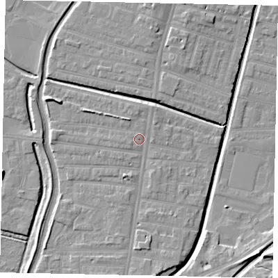 Shaded relief map of the ground around LN58FB, computed from Environment Agency LiDAR. The ground here sits at about 6 m above sea level and falls 10 m across the surrounding 800 m. Surface water reaching this point runs off ground lying to the south, 2.7 m higher.