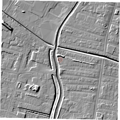Shaded relief map of the ground around LN58GA, computed from Environment Agency LiDAR. The ground here sits at about 6 m above sea level and falls 8 m across the surrounding 800 m. Surface water reaching this point runs off ground lying to the north-north-west, 4.8 m higher.