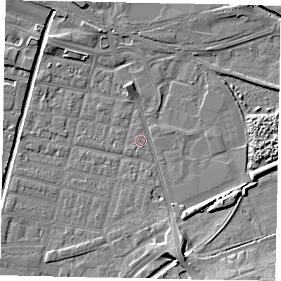 Shaded relief map of the ground around LN58HB, computed from Environment Agency LiDAR. The ground here sits at about 5 m above sea level and falls 10 m across the surrounding 800 m. Surface water reaching this point runs off ground lying to the south-south-east, 6.3 m higher.