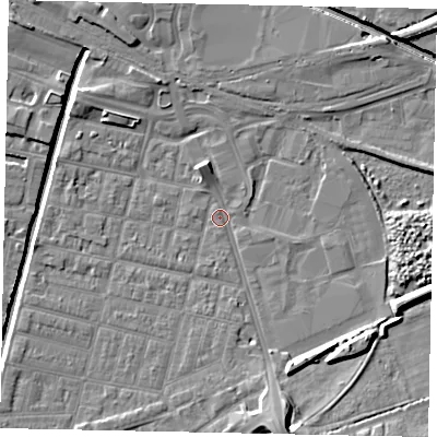 Shaded relief map of the ground around LN58HE, computed from Environment Agency LiDAR. The ground here sits at about 5 m above sea level and falls 9 m across the surrounding 800 m. Surface water reaching this point runs off ground lying to the south-south-east, 6.6 m higher.