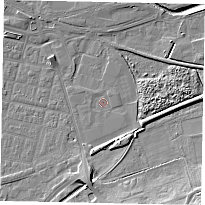Shaded relief map of the ground around LN58HF, computed from Environment Agency LiDAR. The ground here sits at about 5 m above sea level and falls 13 m across the surrounding 800 m. Surface water reaching this point runs off ground lying to the south-east, 0.8 m higher.