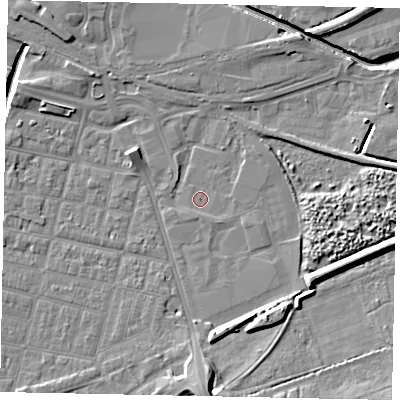 Shaded relief map of the ground around LN58HG, computed from Environment Agency LiDAR. The ground here sits at about 5 m above sea level and falls 9 m across the surrounding 800 m. Surface water reaching this point runs off ground lying to the south-south-east, 1.1 m higher.