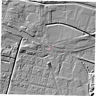 Shaded relief map of the ground around LN58HH, computed from Environment Agency LiDAR. The ground here sits at about 5 m above sea level and falls 8 m across the surrounding 800 m. Surface water reaching this point runs off ground lying to the west-north-west, 1.2 m higher.