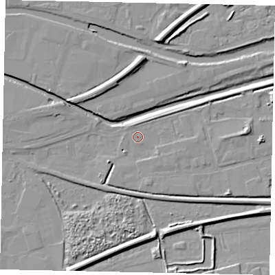 Shaded relief map of the ground around LN58HJ, computed from Environment Agency LiDAR. The ground here sits at about 5 m above sea level and falls 8 m across the surrounding 800 m. Surface water reaching this point runs off ground lying to the south-south-east, 3.4 m higher.
