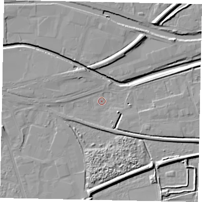 Shaded relief map of the ground around LN58HL, computed from Environment Agency LiDAR. The ground here sits at about 4 m above sea level and falls 8 m across the surrounding 800 m. Surface water reaching this point runs off ground lying to the east-south-east, 4.3 m higher.