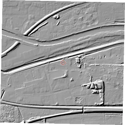 Shaded relief map of the ground around LN58HN, computed from Environment Agency LiDAR. The ground here sits at about 5 m above sea level and falls 12 m across the surrounding 800 m. Surface water reaching this point runs off ground lying to the east-south-east, 4.9 m higher.