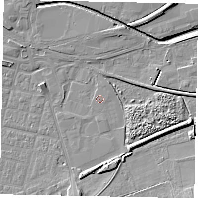 Shaded relief map of the ground around LN58HS, computed from Environment Agency LiDAR. The ground here sits at about 5 m above sea level and falls 8 m across the surrounding 800 m. Surface water reaching this point runs off ground lying to the south-west, 0.9 m higher.