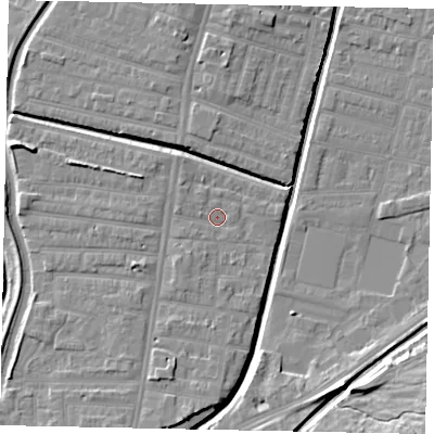 Shaded relief map of the ground around LN58HY, computed from Environment Agency LiDAR. The ground here sits at about 6 m above sea level and falls 12 m across the surrounding 800 m. Surface water reaching this point runs off ground lying to the south, 3.0 m higher.