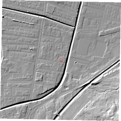 Shaded relief map of the ground around LN58JS, computed from Environment Agency LiDAR. The ground here sits at about 6 m above sea level and falls 23 m across the surrounding 800 m. Surface water reaching this point runs off ground lying to the south-west, 1.1 m higher.