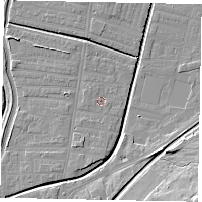 Shaded relief map of the ground around LN58JY, computed from Environment Agency LiDAR. The ground here sits at about 6 m above sea level and falls 19 m across the surrounding 800 m. Surface water reaching this point runs off ground lying to the west-north-west, 1.3 m higher.