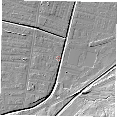 Shaded relief map of the ground around LN58JZ, computed from Environment Agency LiDAR. The ground here sits at about 6 m above sea level and falls 21 m across the surrounding 800 m. Surface water reaching this point runs off ground lying to the south, 6.8 m higher.