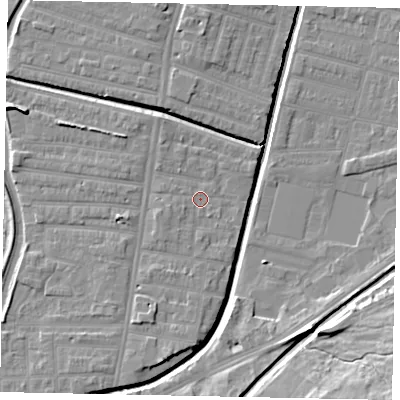 Shaded relief map of the ground around LN58LB, computed from Environment Agency LiDAR. The ground here sits at about 6 m above sea level and falls 16 m across the surrounding 800 m. Surface water reaching this point runs off ground lying to the west-south-west, 1.3 m higher.