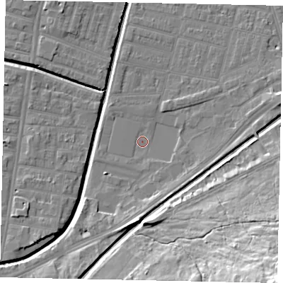 Shaded relief map of the ground around LN58LD, computed from Environment Agency LiDAR. The ground here sits at about 5 m above sea level and falls 31 m across the surrounding 800 m. Surface water reaching this point runs off ground lying to the south, 7.7 m higher.