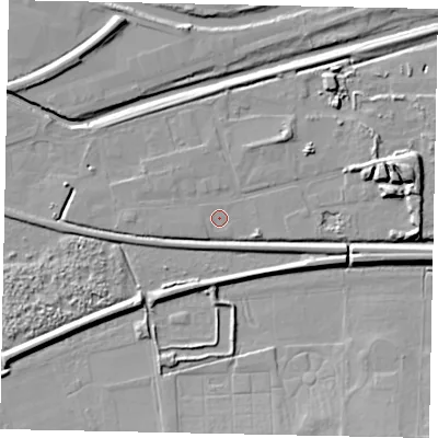Shaded relief map of the ground around LN58LG, computed from Environment Agency LiDAR. The ground here sits at about 5 m above sea level and falls 12 m across the surrounding 800 m. Surface water reaching this point runs off ground lying to the east-north-east, 9.2 m higher.