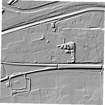 Shaded relief map of the ground around LN58LL, computed from Environment Agency LiDAR. The ground here sits at about 5 m above sea level and falls 12 m across the surrounding 800 m. Surface water reaching this point runs off ground lying to the east-north-east, 8.4 m higher.