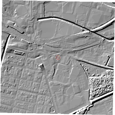 Shaded relief map of the ground around LN58LQ, computed from Environment Agency LiDAR. The ground here sits at about 4 m above sea level and falls 8 m across the surrounding 800 m. Surface water reaching this point runs off ground lying to the south-south-west, 1.3 m higher.