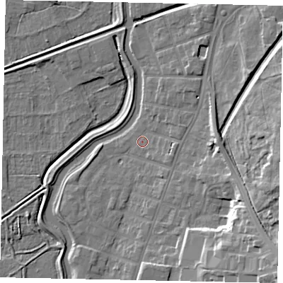 Shaded relief map of the ground around LN58NA, computed from Environment Agency LiDAR. The ground here sits at about 6 m above sea level and falls 21 m across the surrounding 800 m. Surface water reaching this point runs off ground lying to the east-south-east, 2.6 m higher.