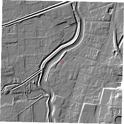 Shaded relief map of the ground around LN58NB, computed from Environment Agency LiDAR. The ground here sits at about 6 m above sea level and falls 16 m across the surrounding 800 m. Surface water reaching this point runs off ground lying to the north, 1.5 m higher.