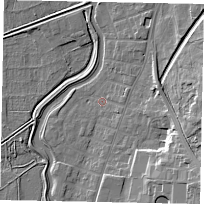 Shaded relief map of the ground around LN58ND, computed from Environment Agency LiDAR. The ground here sits at about 6 m above sea level and falls 21 m across the surrounding 800 m. Surface water reaching this point runs off ground lying to the east-south-east, 2.5 m higher.