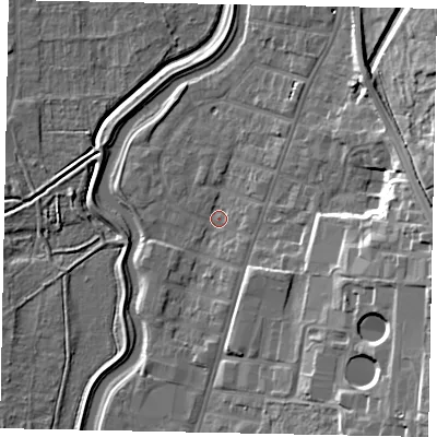 Shaded relief map of the ground around LN58NJ, computed from Environment Agency LiDAR. The ground here sits at about 7 m above sea level and falls 20 m across the surrounding 800 m. Surface water reaching this point runs off ground lying to the south-south-east, 2.7 m higher.