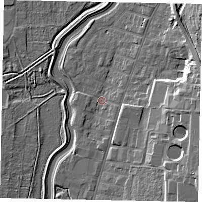Shaded relief map of the ground around LN58NN, computed from Environment Agency LiDAR. The ground here sits at about 7 m above sea level and falls 18 m across the surrounding 800 m. Surface water reaching this point runs off ground lying to the south-east, 2.6 m higher.