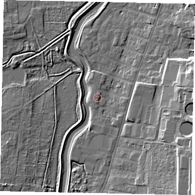 Shaded relief map of the ground around LN58NR, computed from Environment Agency LiDAR. The ground here sits at about 7 m above sea level and falls 16 m across the surrounding 800 m. Surface water reaching this point runs off ground lying to the east, 2.5 m higher.