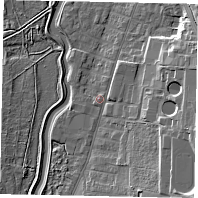 Shaded relief map of the ground around LN58NT, computed from Environment Agency LiDAR. The ground here sits at about 8 m above sea level and falls 21 m across the surrounding 800 m. Surface water reaching this point runs off ground lying to the north-north-east, 1.8 m higher.