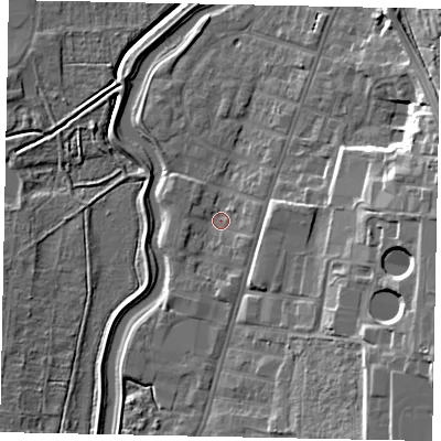 Shaded relief map of the ground around LN58NW, computed from Environment Agency LiDAR. The ground here sits at about 6 m above sea level and falls 18 m across the surrounding 800 m. Surface water reaching this point runs off ground lying to the east, 2.6 m higher.