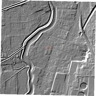 Shaded relief map of the ground around LN58NX, computed from Environment Agency LiDAR. The ground here sits at about 7 m above sea level and falls 18 m across the surrounding 800 m. Surface water reaching this point runs off ground lying to the south-south-east, 0.7 m higher.