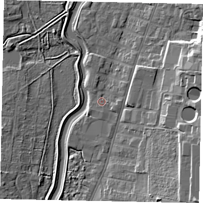 Shaded relief map of the ground around LN58NY, computed from Environment Agency LiDAR. The ground here sits at about 7 m above sea level and falls 17 m across the surrounding 800 m. Surface water reaching this point runs off ground lying to the north-east, 2.4 m higher.