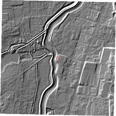 Shaded relief map of the ground around LN58NZ, computed from Environment Agency LiDAR. The ground here sits at about 7 m above sea level and falls 15 m across the surrounding 800 m. Surface water reaching this point runs off ground lying to the east-north-east, 3.1 m higher.