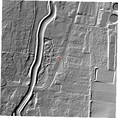 Shaded relief map of the ground around LN58PE, computed from Environment Agency LiDAR. The ground here sits at about 7 m above sea level and falls 18 m across the surrounding 800 m. Surface water reaching this point runs off ground lying to the north, 1.0 m higher.