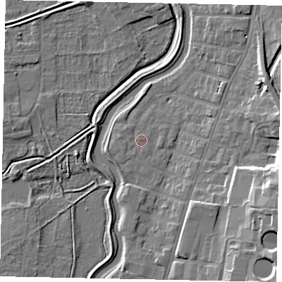 Shaded relief map of the ground around LN58PF, computed from Environment Agency LiDAR. The ground here sits at about 7 m above sea level and falls 16 m across the surrounding 800 m. Surface water reaching this point runs off ground lying to the west-south-west, 0.6 m higher.