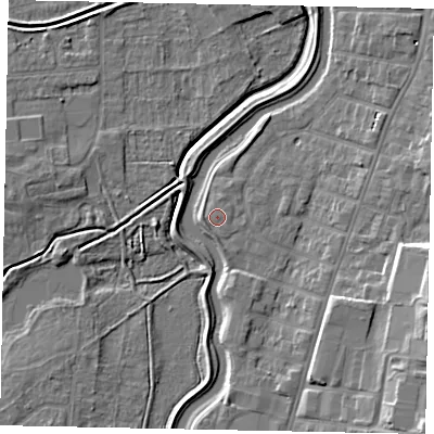 Shaded relief map of the ground around LN58PQ, computed from Environment Agency LiDAR. The ground here sits at about 7 m above sea level and falls 14 m across the surrounding 800 m. Surface water reaching this point runs off ground lying to the south-west, 0.9 m higher.