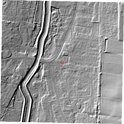 Shaded relief map of the ground around LN58QR, computed from Environment Agency LiDAR. The ground here sits at about 7 m above sea level and falls 19 m across the surrounding 800 m. Surface water reaching this point runs off ground lying to the east, 12.1 m higher.