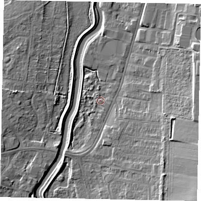 Shaded relief map of the ground around LN58RB, computed from Environment Agency LiDAR. The ground here sits at about 7 m above sea level and falls 16 m across the surrounding 800 m. Surface water reaching this point runs off ground lying to the east-south-east, 2.3 m higher.
