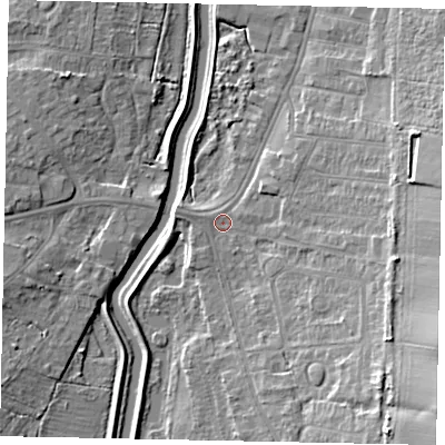 Shaded relief map of the ground around LN58RH, computed from Environment Agency LiDAR. The ground here sits at about 7 m above sea level and falls 16 m across the surrounding 800 m. Surface water reaching this point runs off ground lying to the south-east, 13.0 m higher.