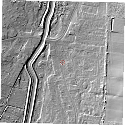Shaded relief map of the ground around LN58RL, computed from Environment Agency LiDAR. The ground here sits at about 7 m above sea level and falls 18 m across the surrounding 800 m. Surface water reaching this point runs off ground lying to the east-south-east, 14.7 m higher.