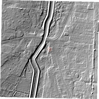 Shaded relief map of the ground around LN58RQ, computed from Environment Agency LiDAR. The ground here sits at about 7 m above sea level and falls 14 m across the surrounding 800 m. Surface water reaching this point runs off ground lying to the south-east, 13.3 m higher.