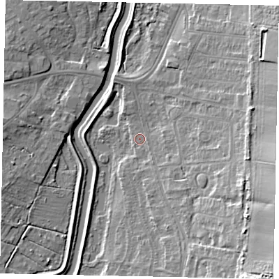 Shaded relief map of the ground around LN58SJ, computed from Environment Agency LiDAR. The ground here sits at about 7 m above sea level and falls 18 m across the surrounding 800 m. Surface water reaching this point runs off ground lying to the east-south-east, 1.0 m higher.