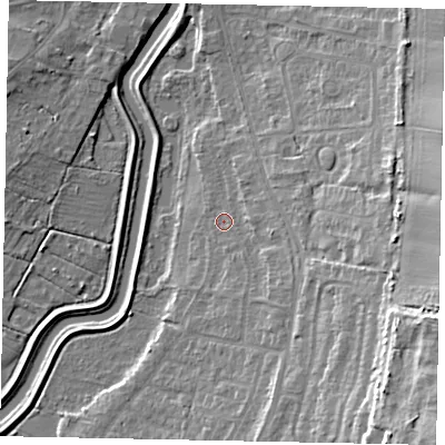 Shaded relief map of the ground around LN58SN, computed from Environment Agency LiDAR. The ground here sits at about 7 m above sea level and falls 19 m across the surrounding 800 m. Surface water reaching this point runs off ground lying to the south-east, 1.1 m higher.