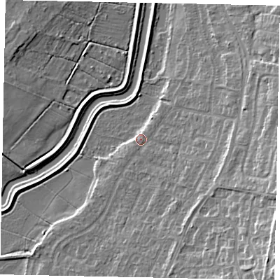 Shaded relief map of the ground around LN58SS, computed from Environment Agency LiDAR. The ground here sits at about 7 m above sea level and falls 15 m across the surrounding 800 m. Surface water reaching this point runs off ground lying to the south-east, 12.6 m higher.